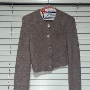 Garage Lavender Lilac Fuzzy Cropped Pearl Rhinestone button cardigan sweater XS